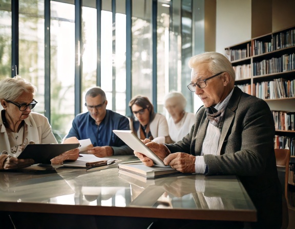 Firefly -Grupo diverso de adultos maduros (entre 55 y 70 años) estudiando en una biblioteca moderna